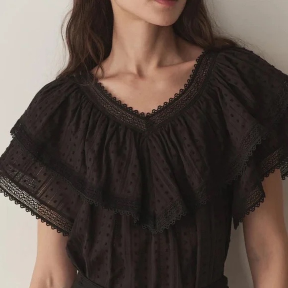NWOT Doen Cosenza Black Lace-Trim Ruffled Flutter Top M